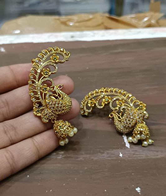 Premium Antique Matte Finish Peacock Ear Cuff Earrings With Pearl Drop