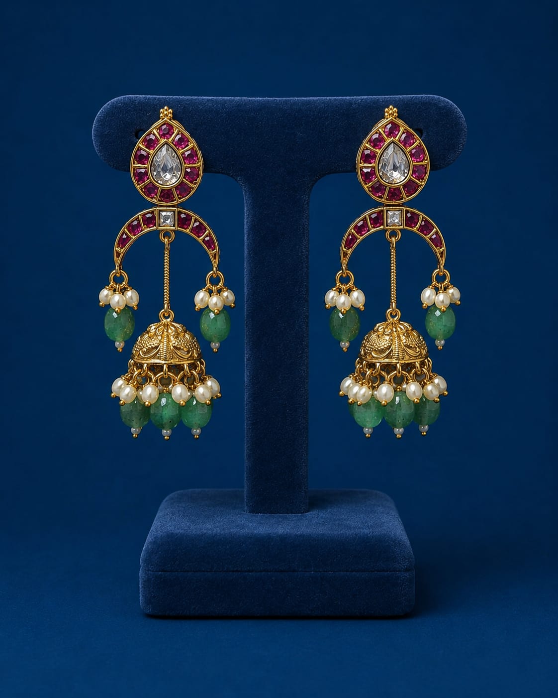 Premium Antique Matte Kundan & Ruby Teardrop Chandbali Jhumka Earrings with Emerald Beads