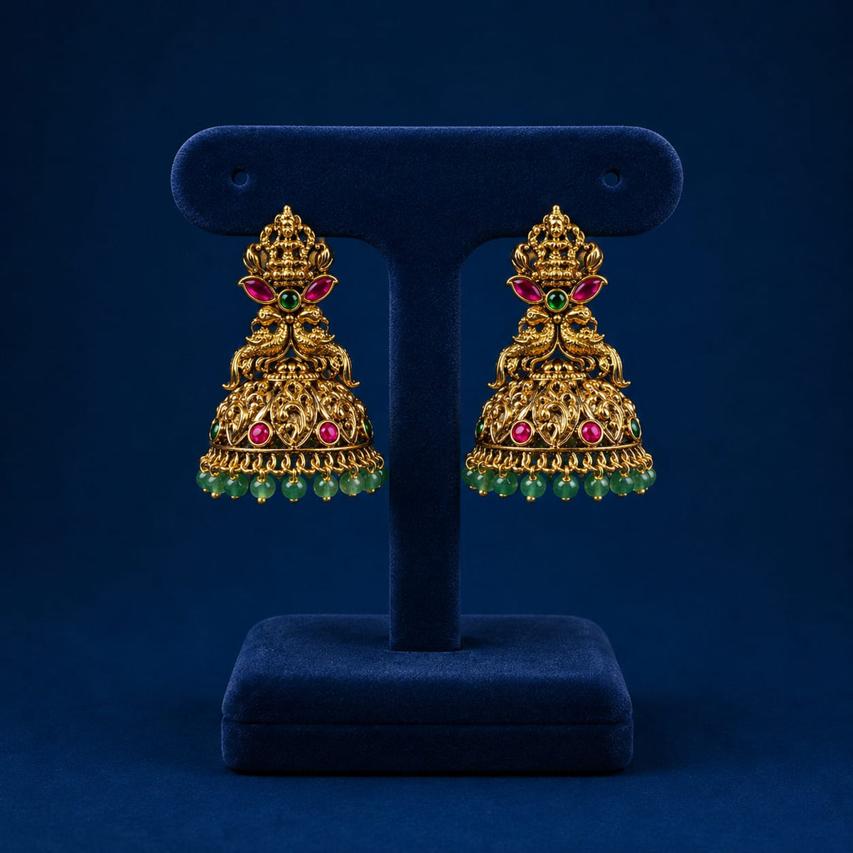 Premium Antique Matte Lakshmi Temple Jhumkas With Peacock Motif & Green Beads