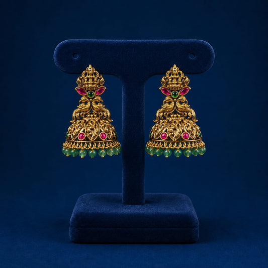 Premium Antique Matte Lakshmi Temple Jhumkas With Peacock Motif & Green Beads