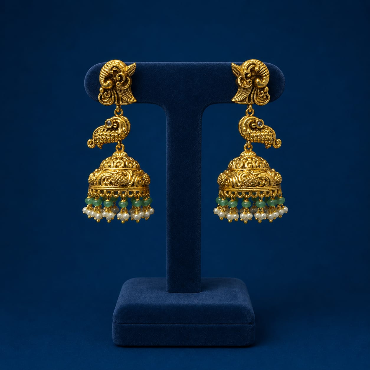 Premium Antique Matte Peacock Motif Jhumka Earrings With Beads