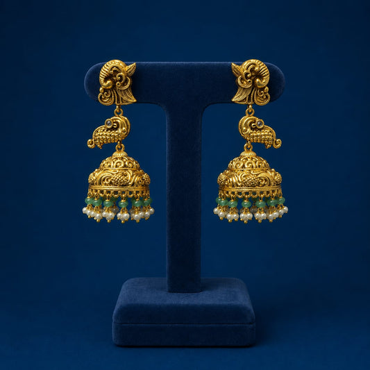 Premium Antique Matte Peacock Motif Jhumka Earrings With Beads