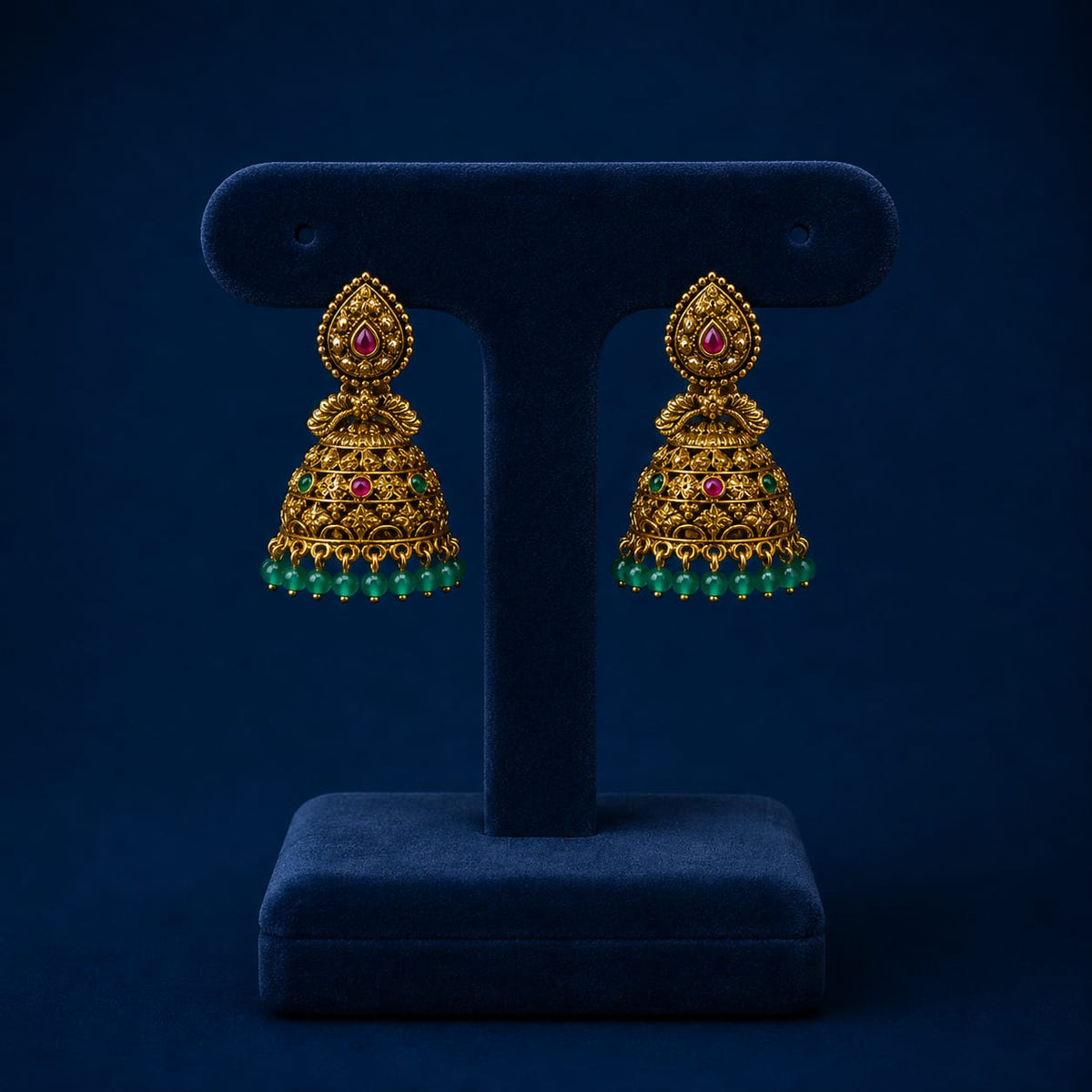 Premium Antique Matte Temple Jhumkas With Green Bead Drops