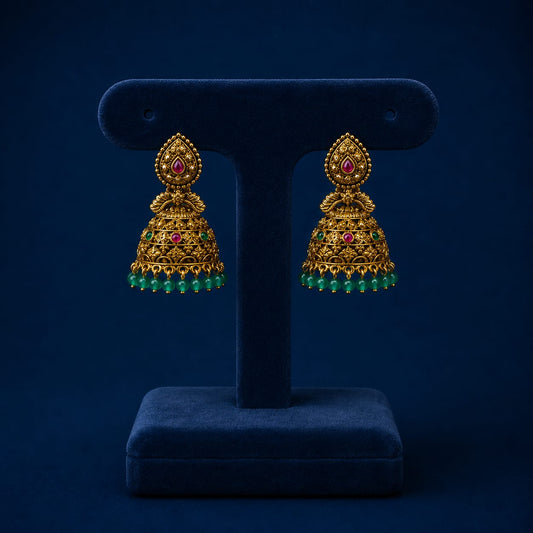 Premium Antique Matte Temple Jhumkas With Green Bead Drops