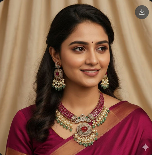 Premium Bridal Polki Kanti Necklace With Earrings - Pearls & Emerald Beads