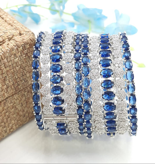 Premium Bridal Silver Finish CZ Stone Openable Kada Bangles - Blue - 6 Pieces