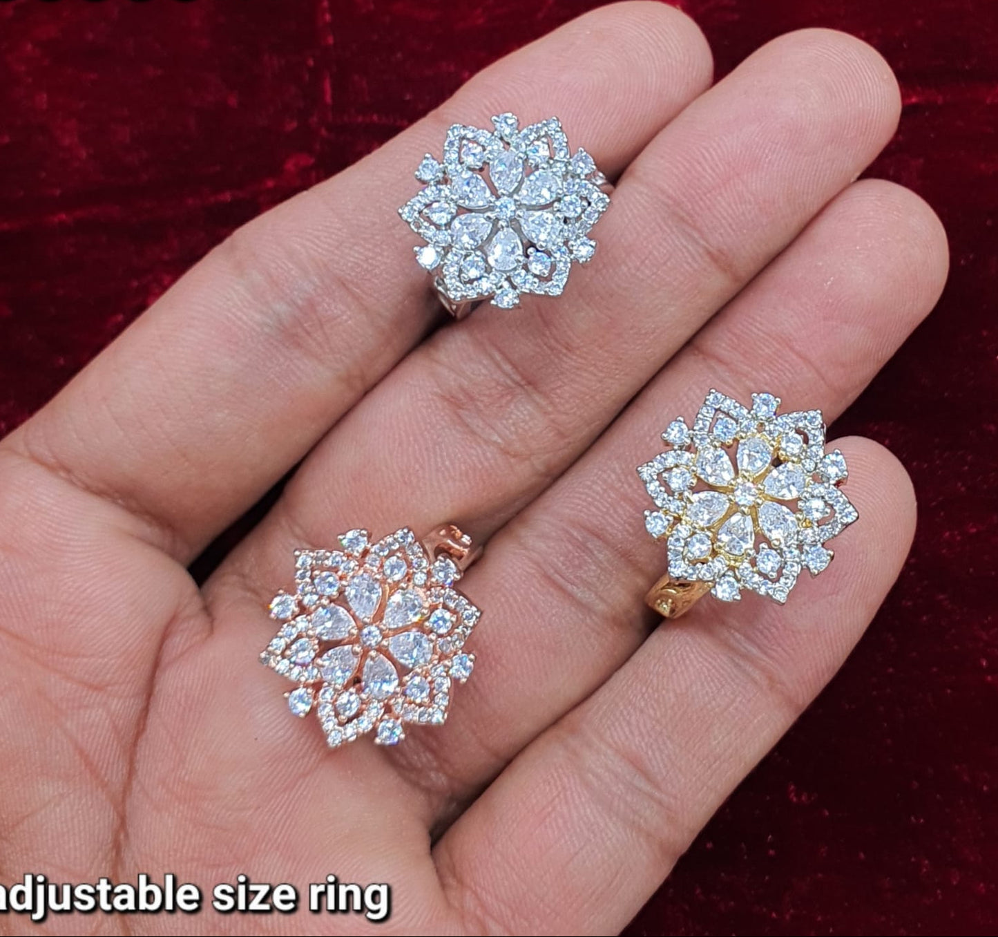 Premium CZ Crystal Flower Adjustable Fashion Cocktail Ring