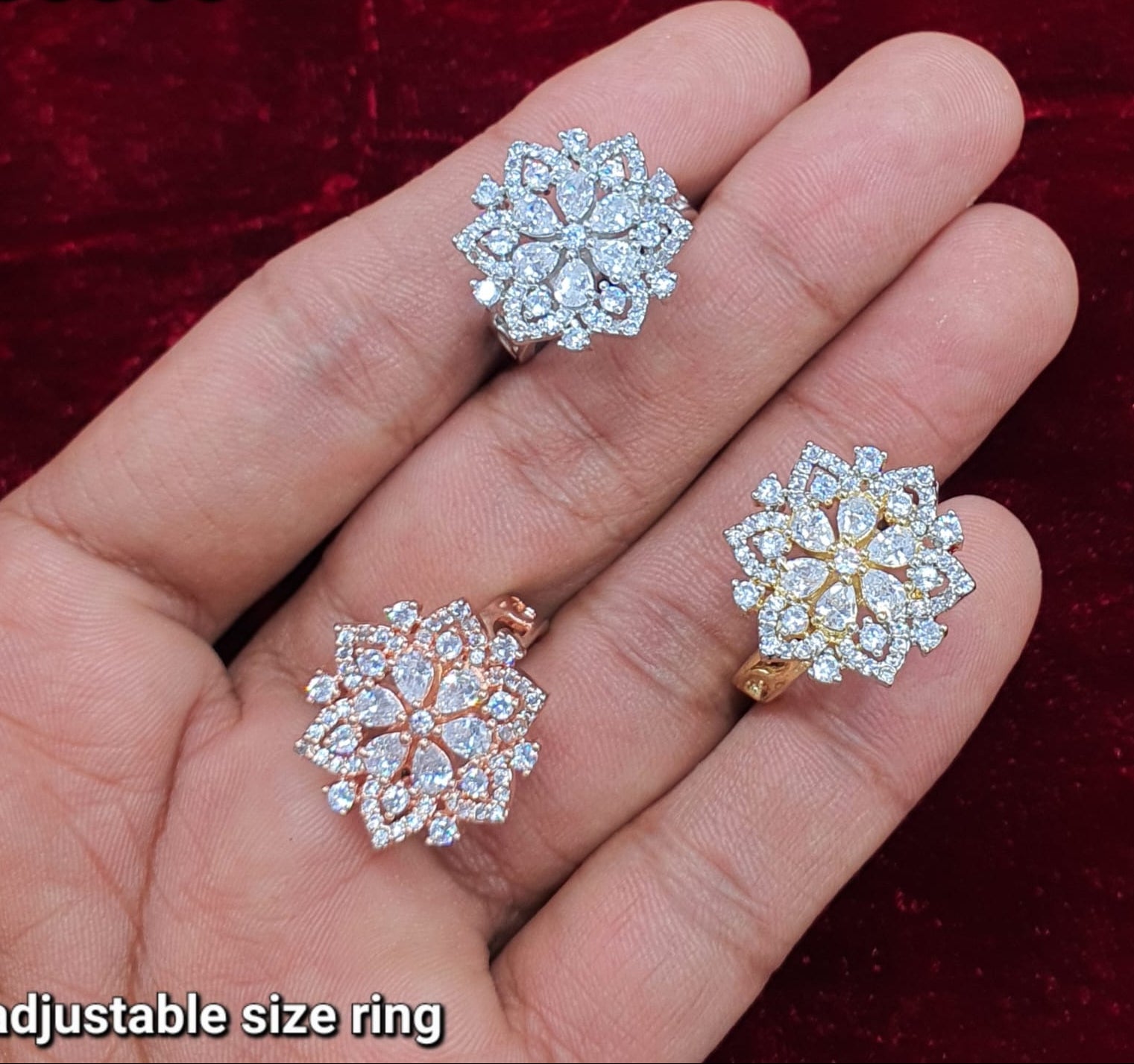 Premium CZ Crystal Flower Adjustable Fashion Cocktail Ring