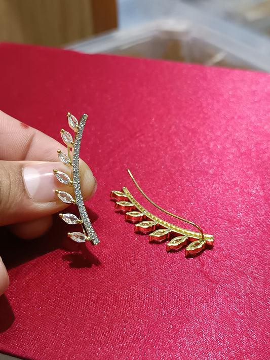 Premium CZ Stone Gold Finish Leaf Ear Climber Stud Earrings - 1 Pair