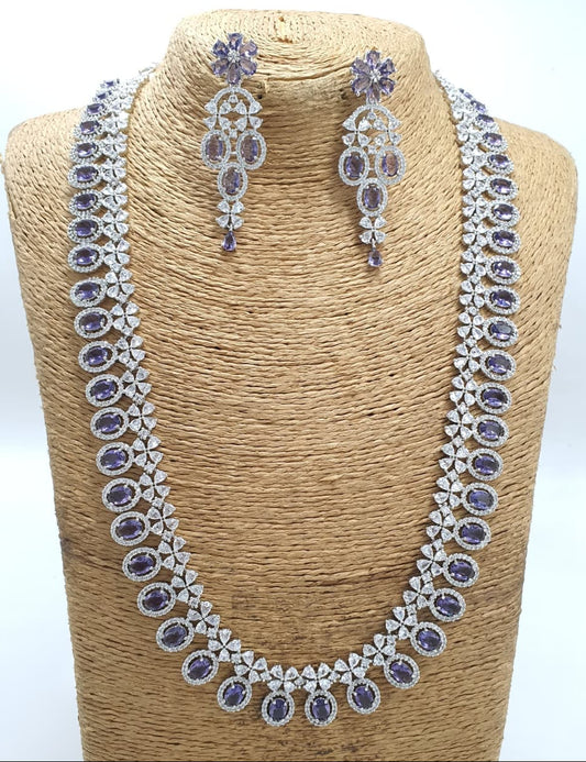 Premium CZ Stone Purple Party Wear Necklace Set With Earrings