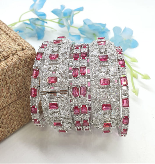 Premium Designer CZ Stone Party Wear Openable Kada Bangles - Silver Finish - 6 Pieces