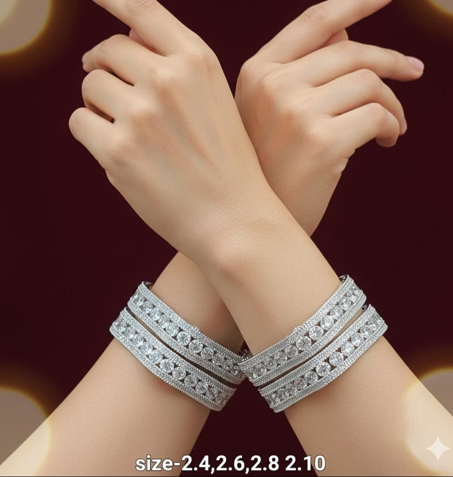 Premium Designer Silver Finish CZ Stone Bangles - Set Of 4