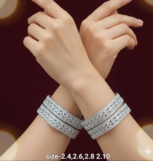 Premium Designer Silver Finish CZ Stone Bangles - Set Of 4