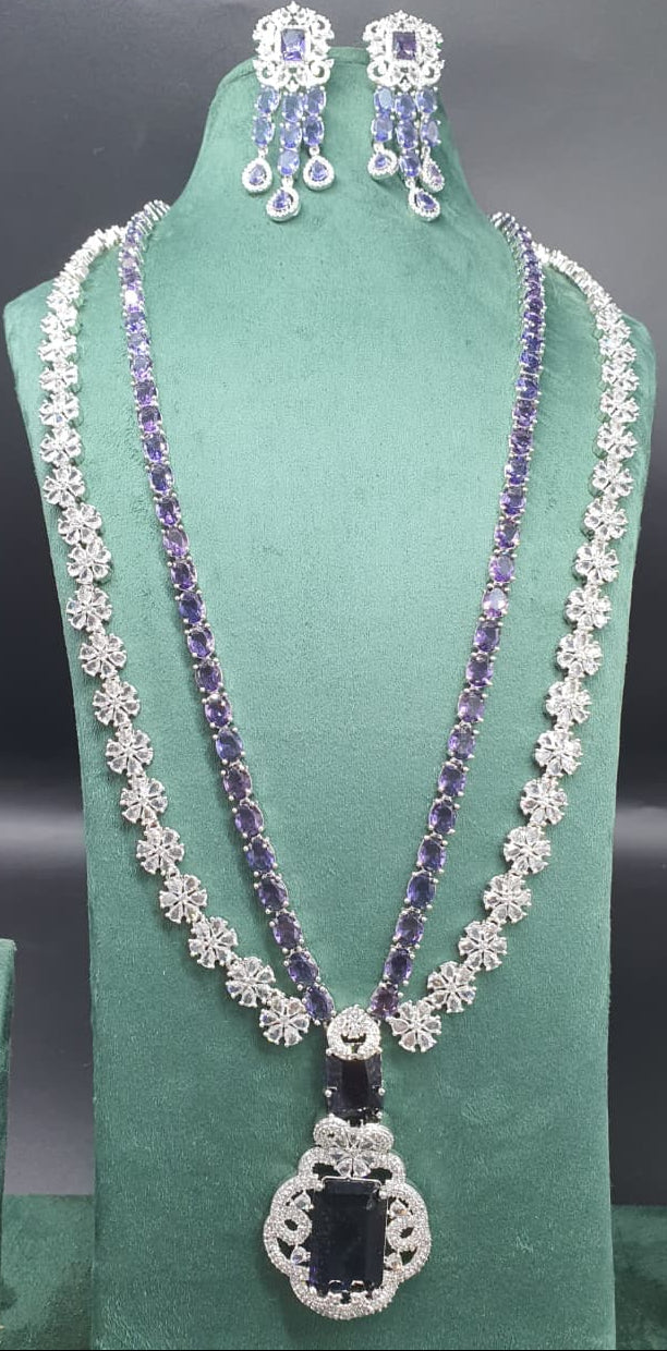 Premium Double Layer Purple Floral Bridal Necklace Set With Earrings
