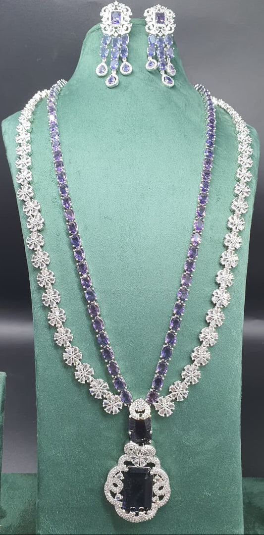 Premium Double Layer Purple Floral Bridal Necklace Set With Earrings