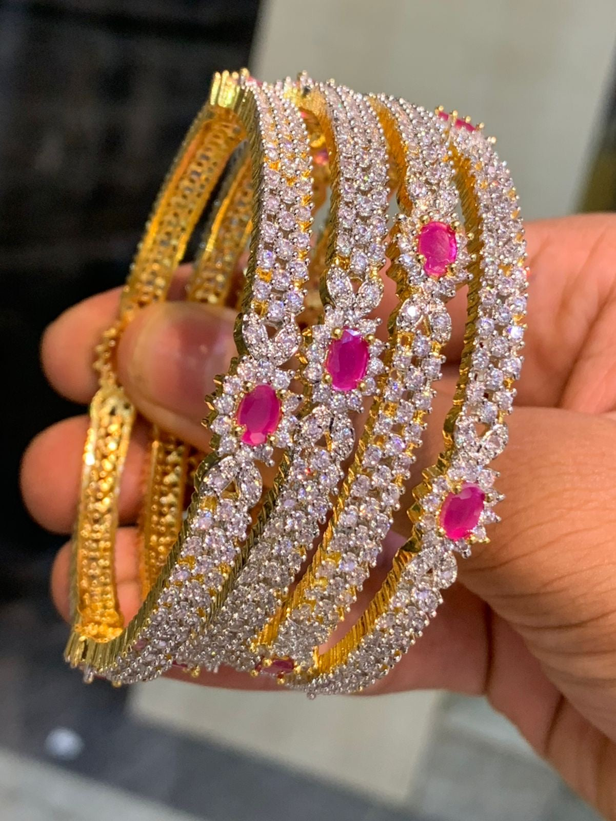 Premium Gj Polish Stone Bangles -Set Of 4 -Pink