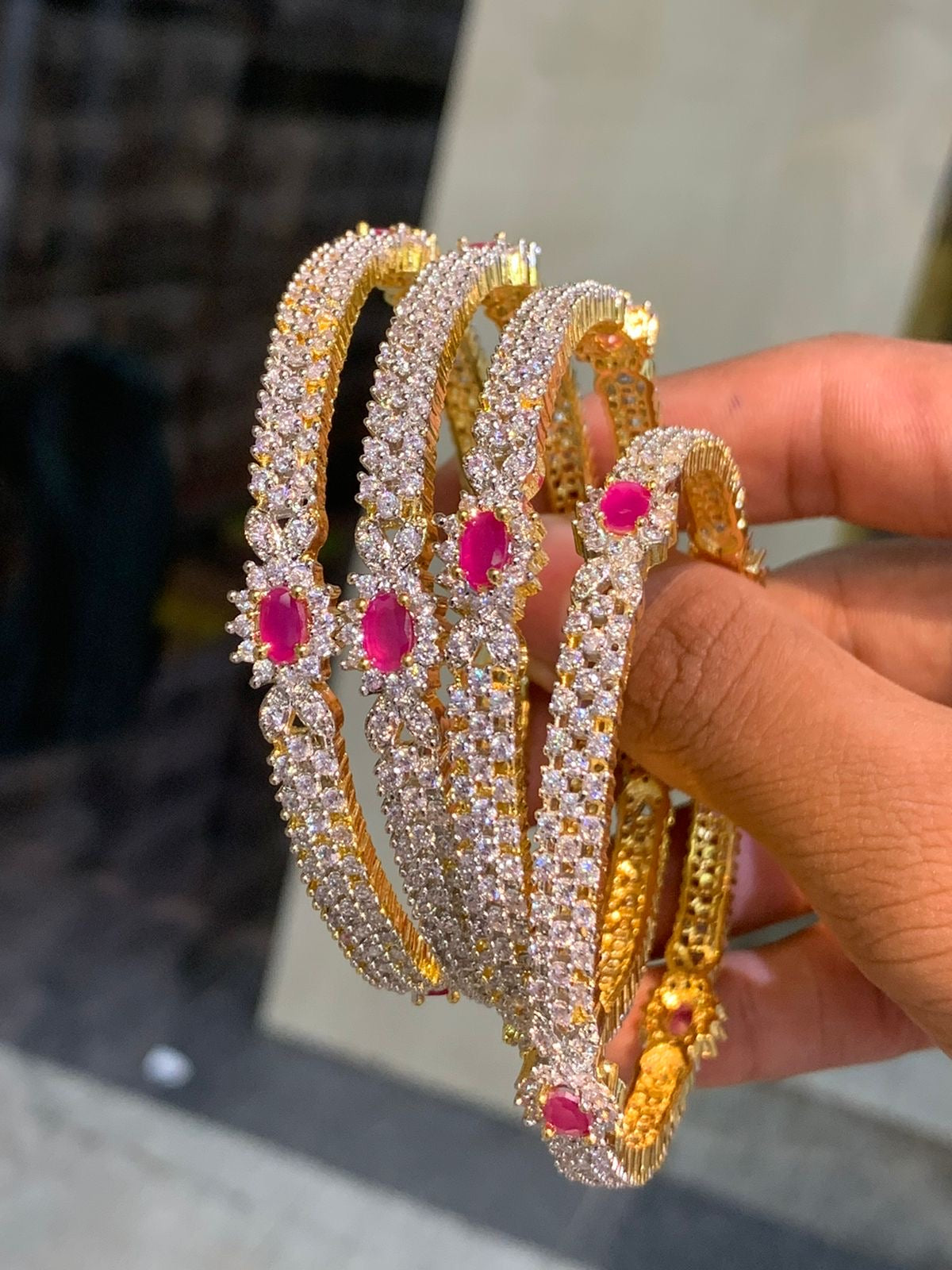 Premium Gj Polish Stone Bangles -Set Of 4 -Pink