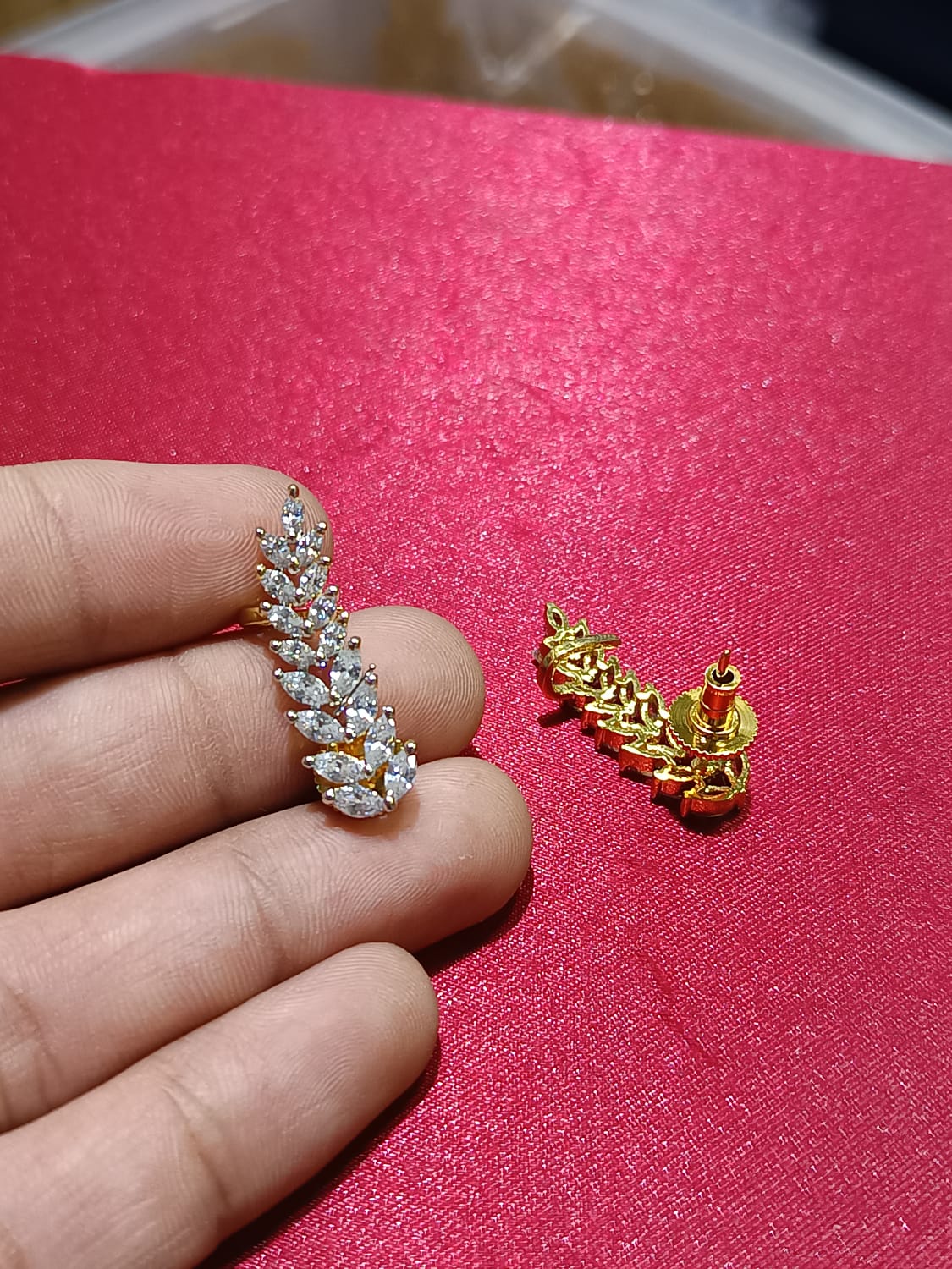 Premium Gold Finish CZ Feather Ear Climber Stud Earrings - 1 Pair