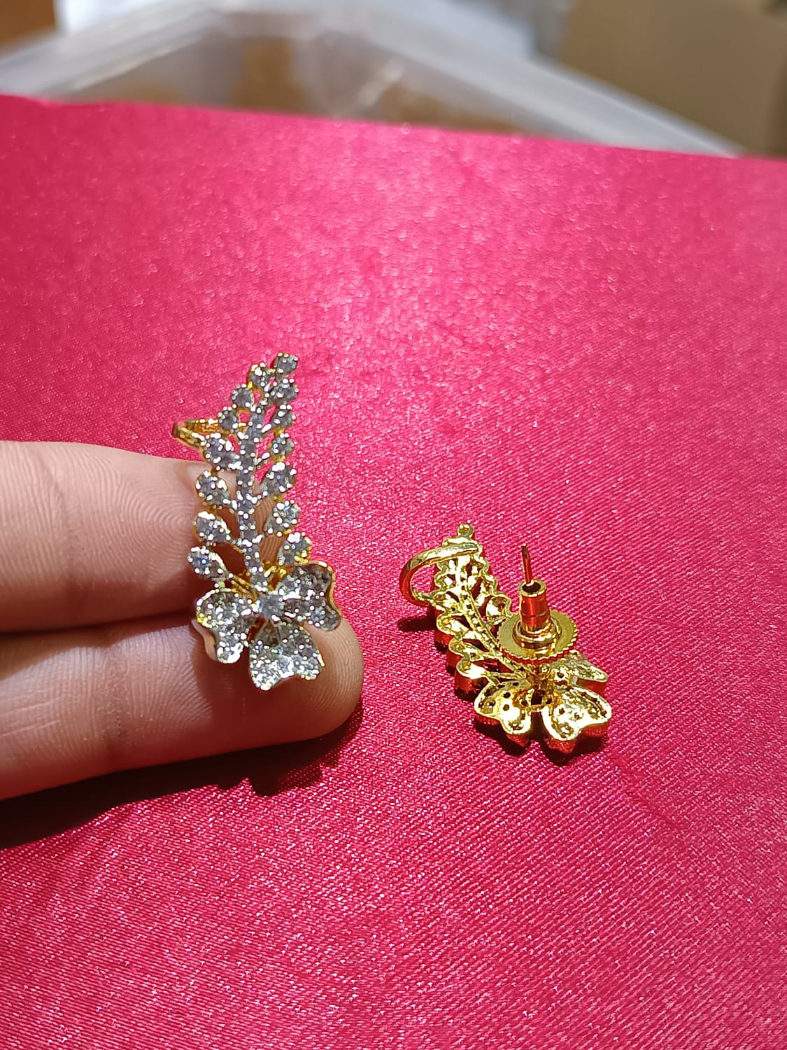 Premium Gold Finish CZ Floral Ear Climber Stud Earrings - 1 Pair