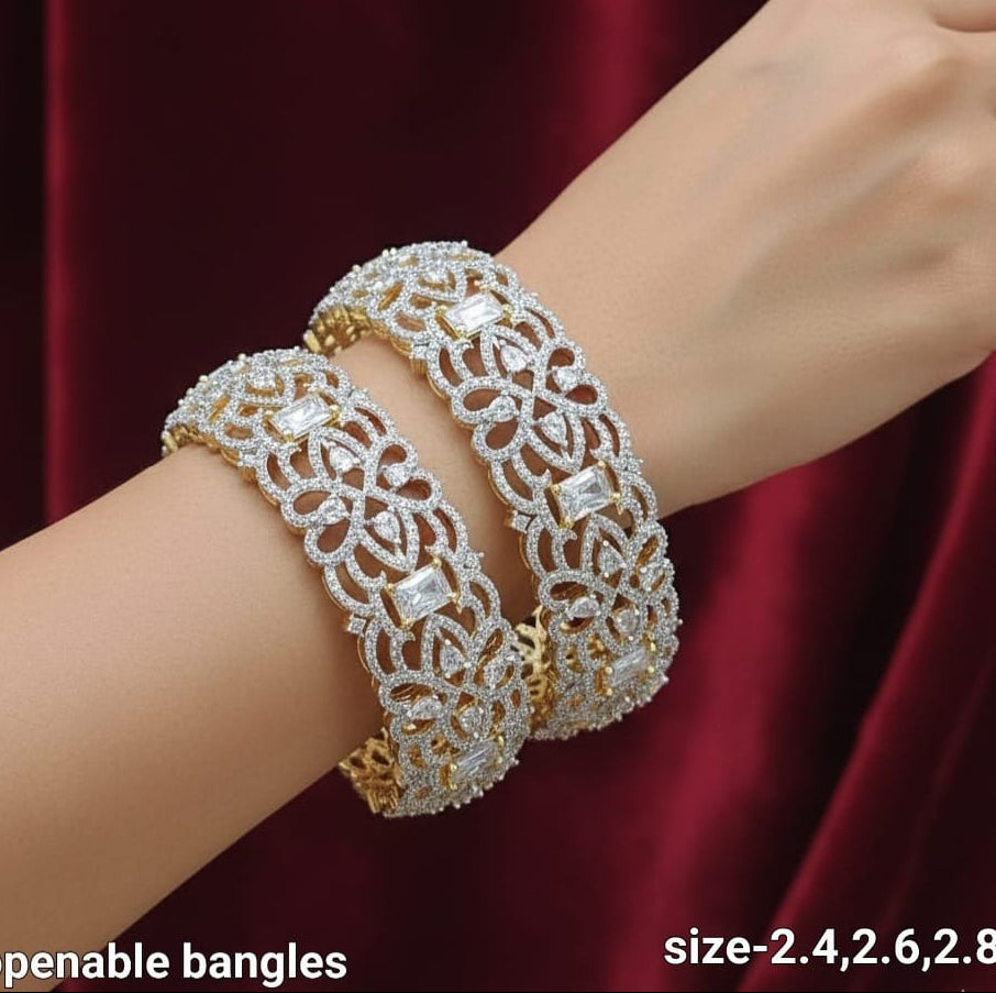 Premium Gold Finish CZ Stone Openable Kada Broad Bangles - Set Of 2