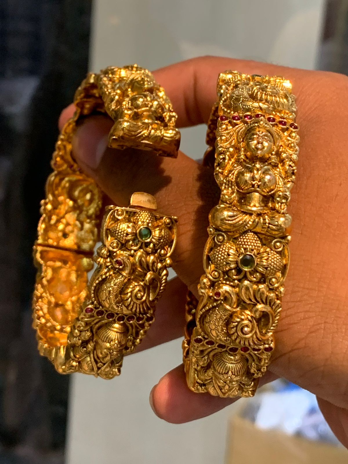 Premium Matte Finish Temple Jewelry Openable Kada Bangles -Set of 2 - Peacock Motif