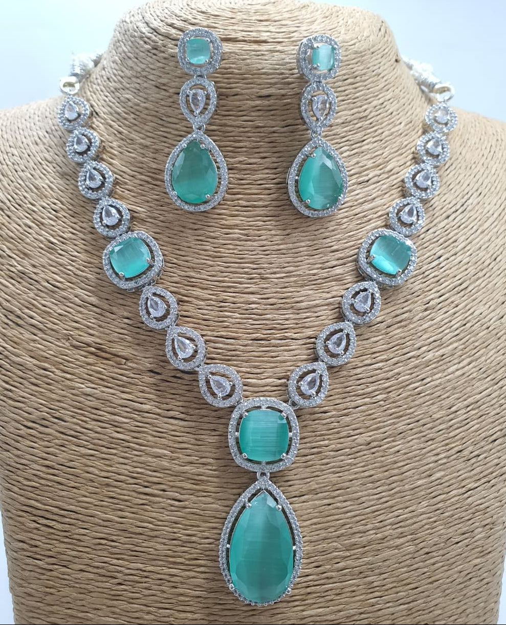 Premium Quality Silver Finish AD Stone Necklace Set With Earrings