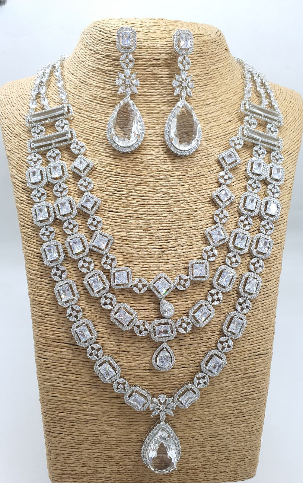 Premium Quality 3 Layer AD Stone Necklace Set with Earrings