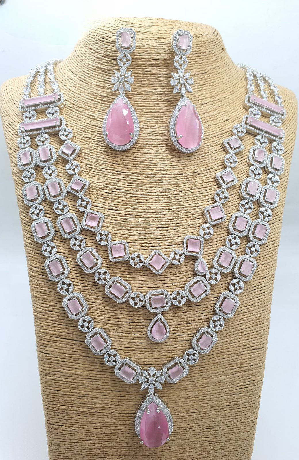 Premium Quality 3 Layer AD Stone Necklace Set with Earrings