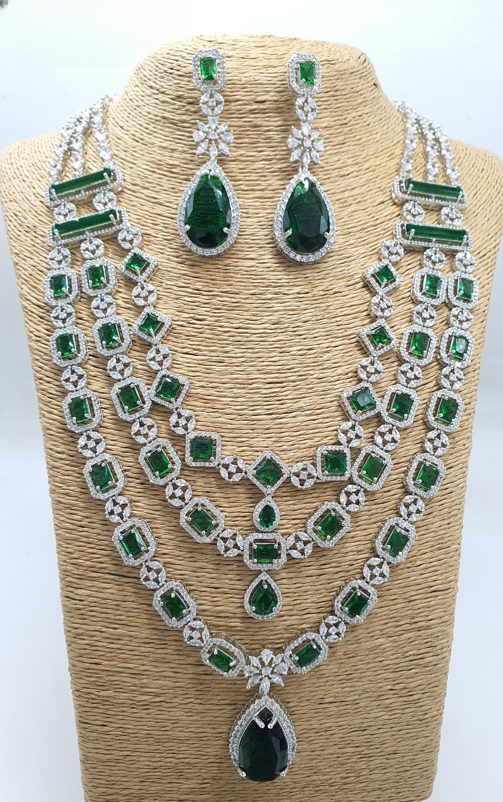 Premium Quality 3 Layer AD Stone Necklace Set with Earrings