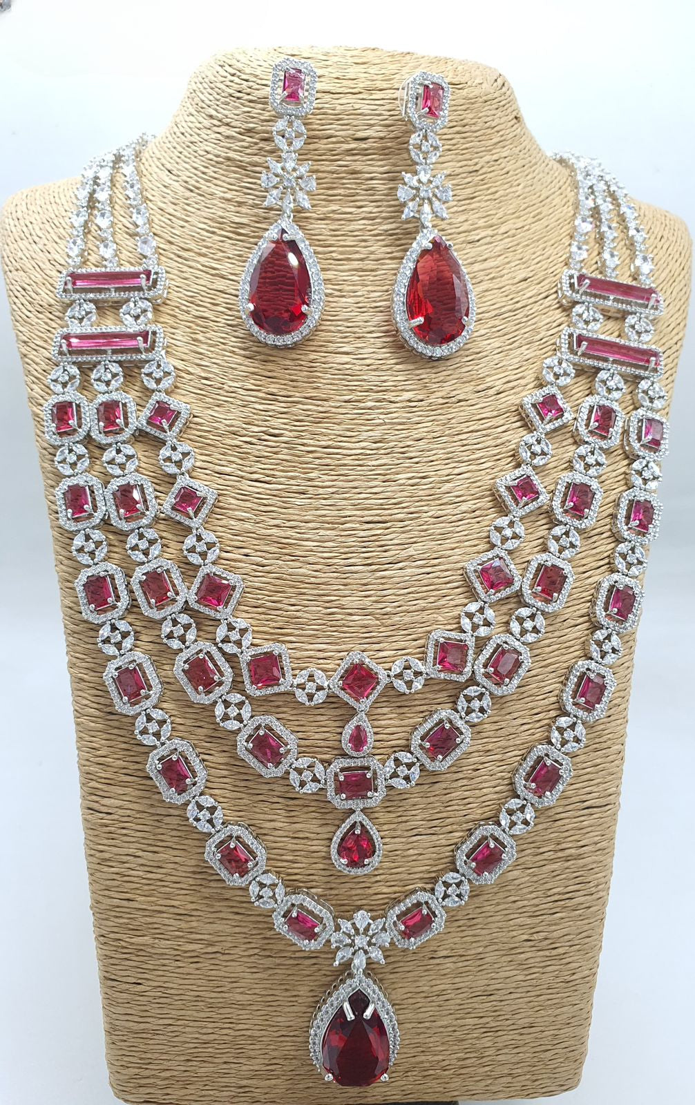 Premium Quality 3 Layer AD Stone Necklace Set with Earrings