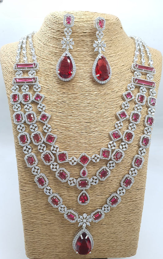 Premium Quality 3 Layer AD Stone Necklace Set with Earrings