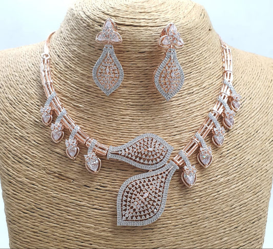 Premium Quality CZ Stone Bridal Necklace Set With Earrings - Gold & Rosegold Finish