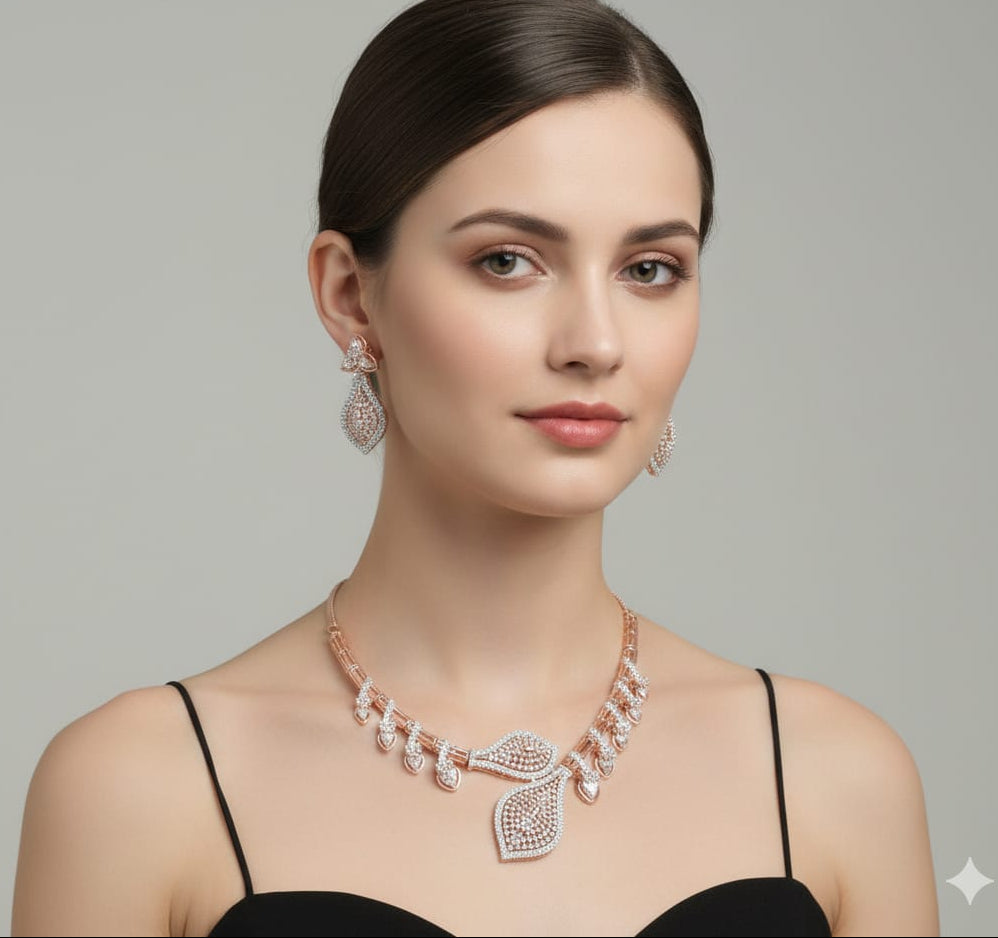 Premium Quality CZ Stone Bridal Necklace Set With Earrings - Gold & Rosegold Finish