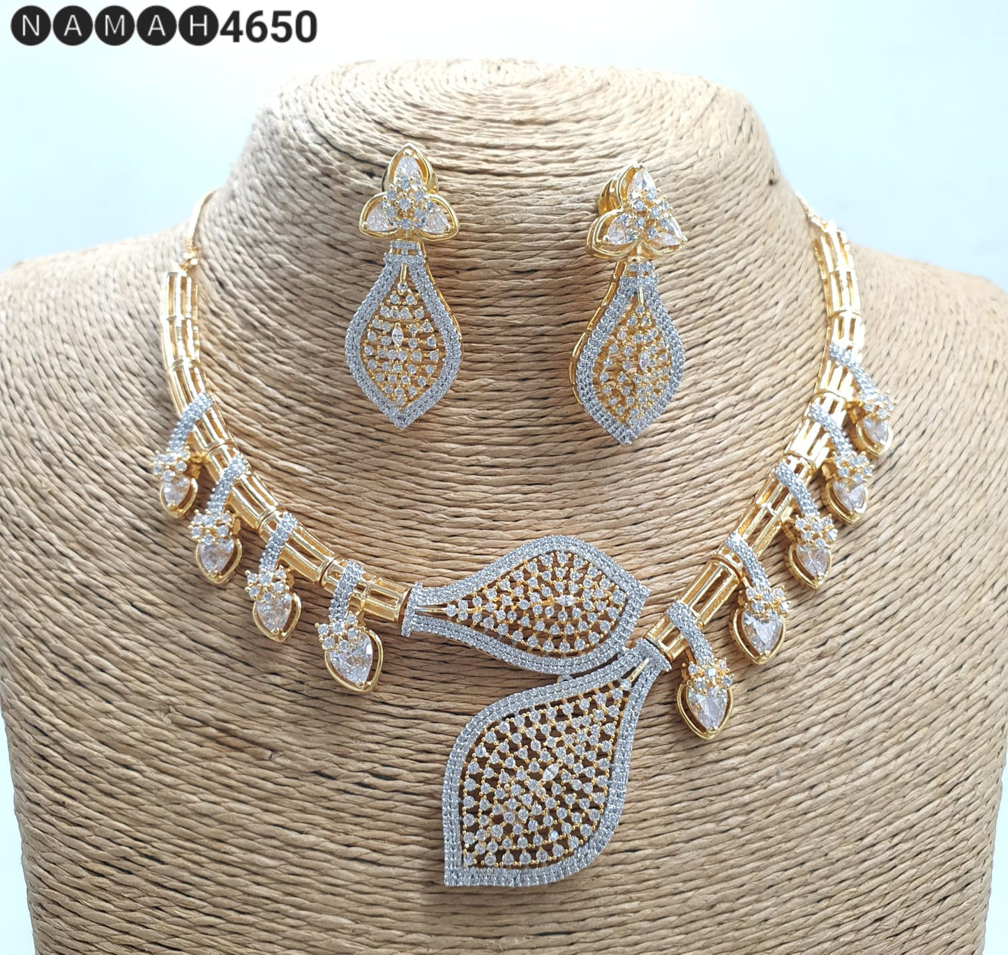 Premium Quality CZ Stone Bridal Necklace Set With Earrings - Gold & Rosegold Finish