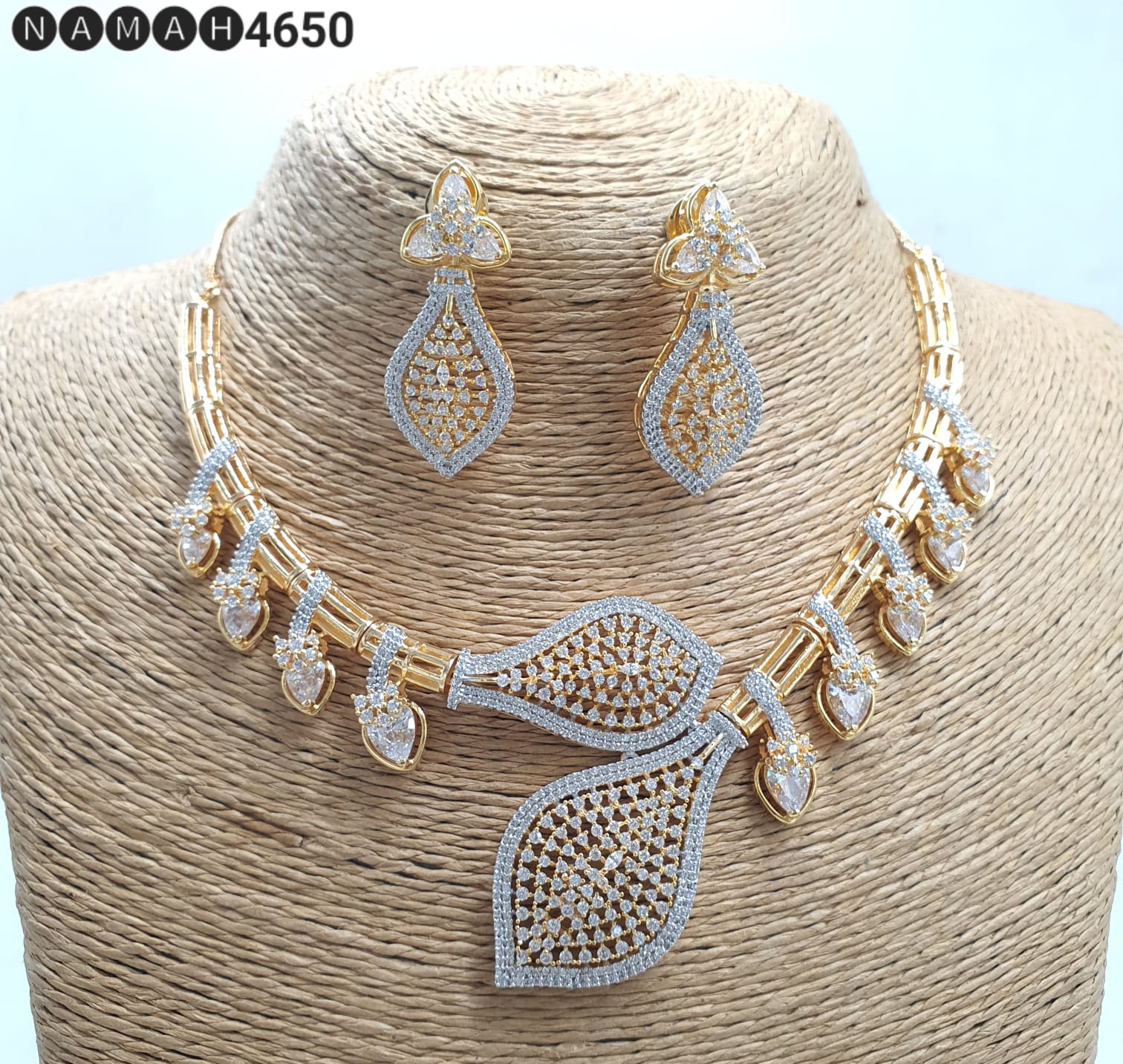 Premium Quality CZ Stone Bridal Necklace Set With Earrings - Gold & Rosegold Finish