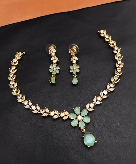 Premium Quality Gold Finish CZ Necklace Set With Earrings - Flower Motif