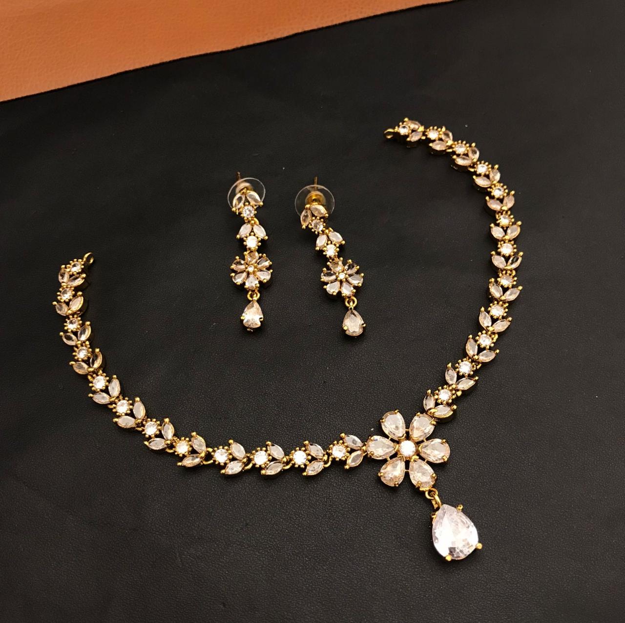Premium Quality Gold Finish CZ Necklace Set With Earrings - Flower Motif