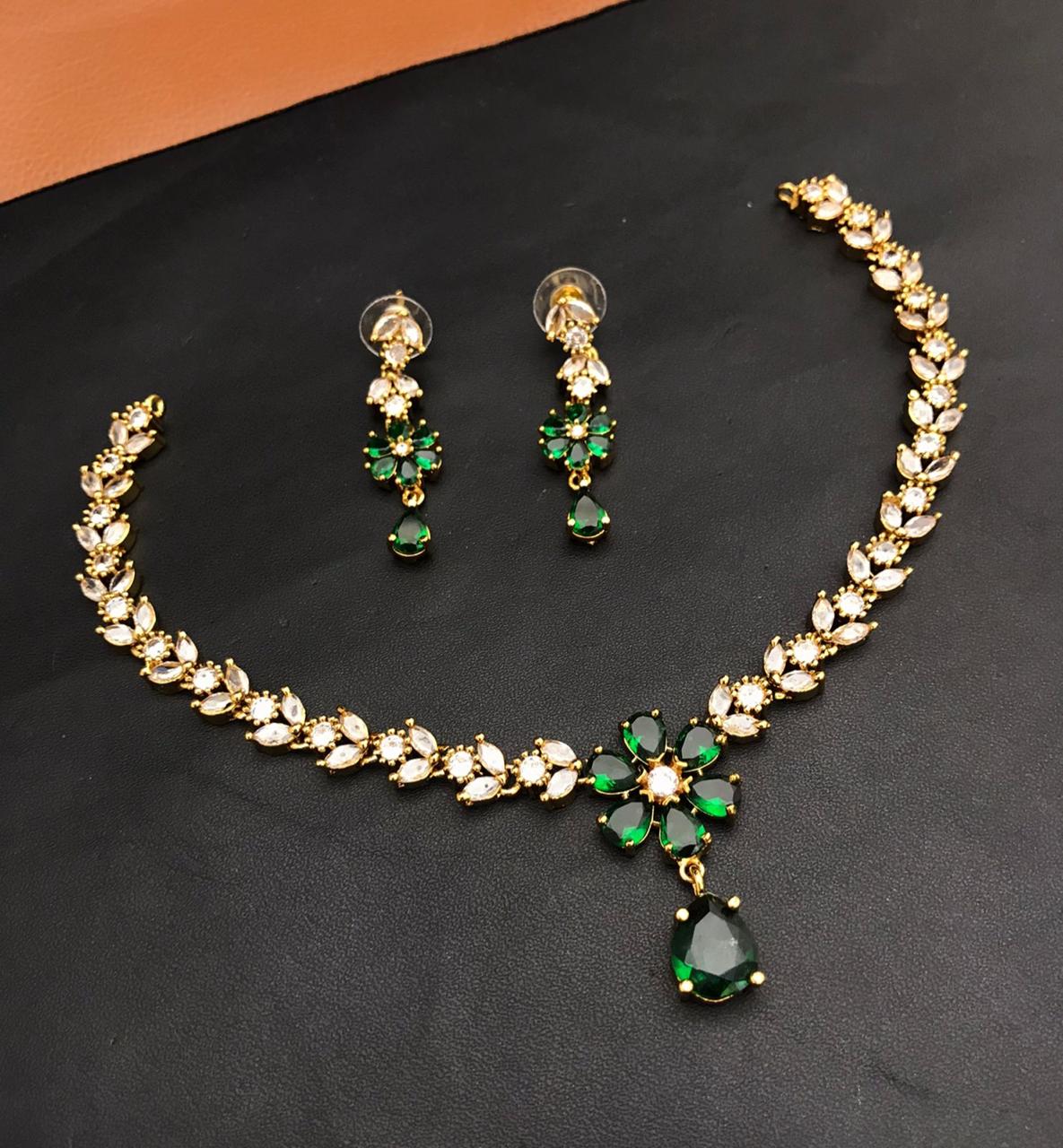 Premium Quality Gold Finish CZ Necklace Set With Earrings - Flower Motif