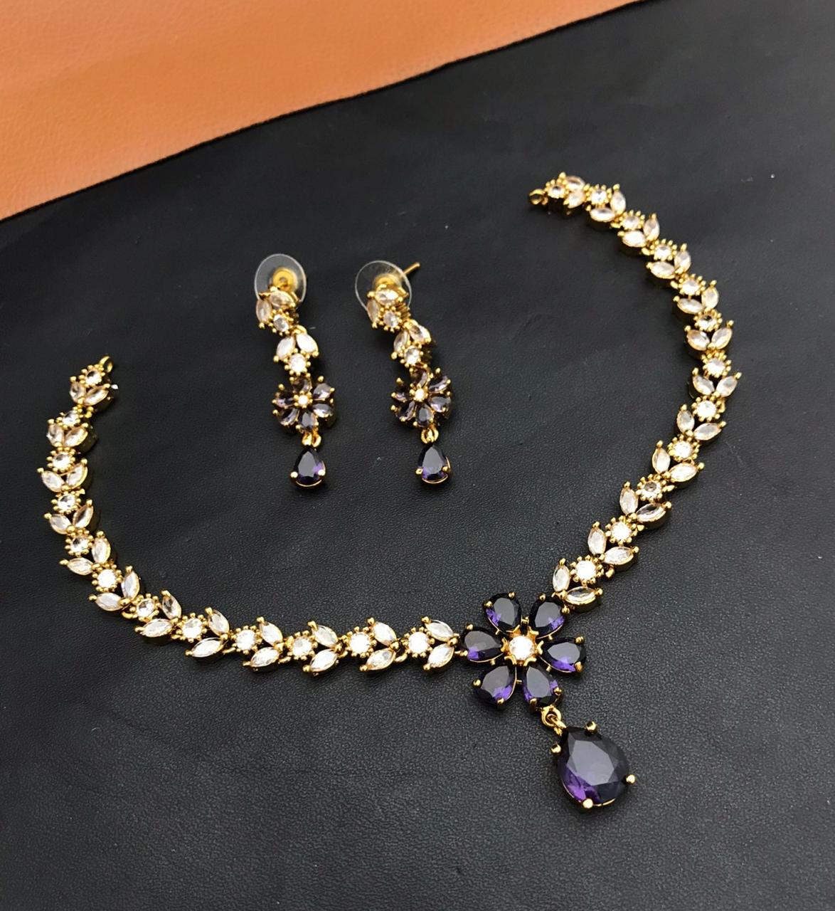 Premium Quality Gold Finish CZ Necklace Set With Earrings - Flower Motif