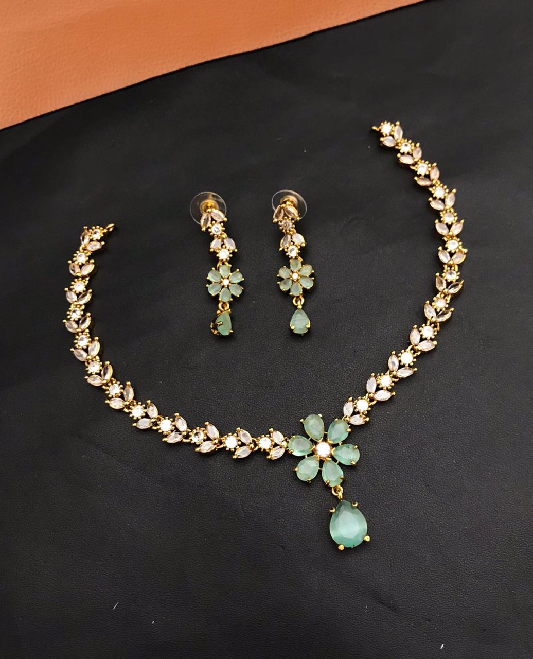 Premium Quality Gold Finish CZ Necklace Set With Earrings - Flower Motif