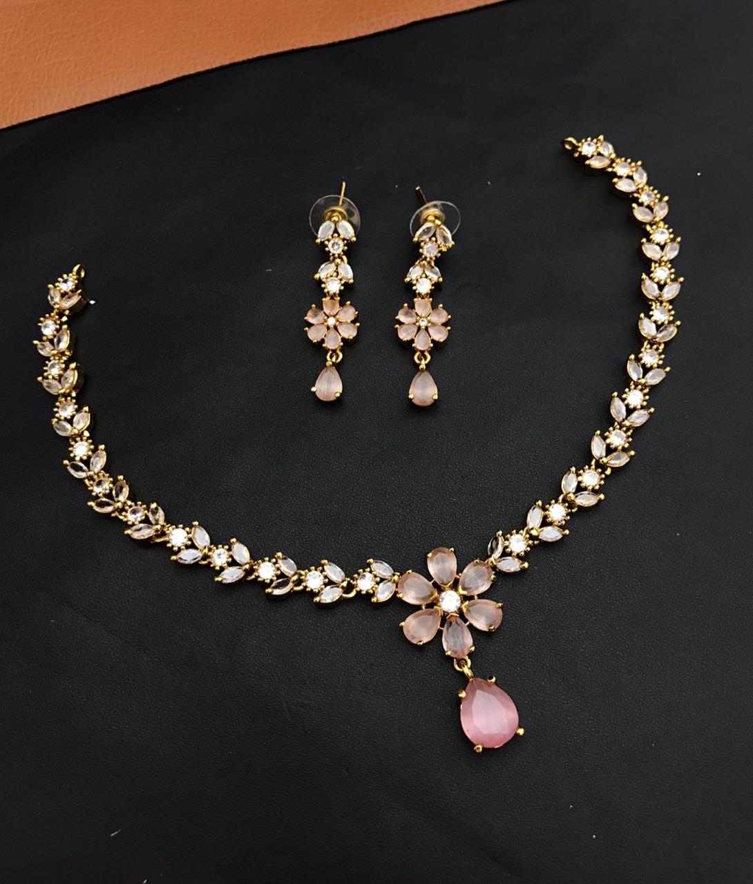Premium Quality Gold Finish CZ Necklace Set With Earrings - Flower Motif