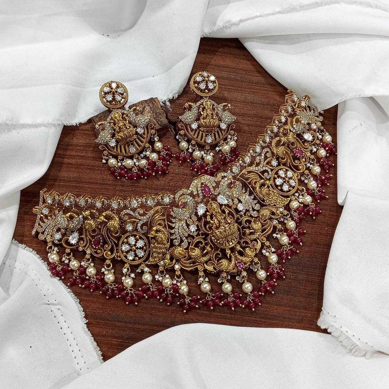 Premium Quality Matte Antique Choker Necklace Set With Earrings - Lakshmi Motif