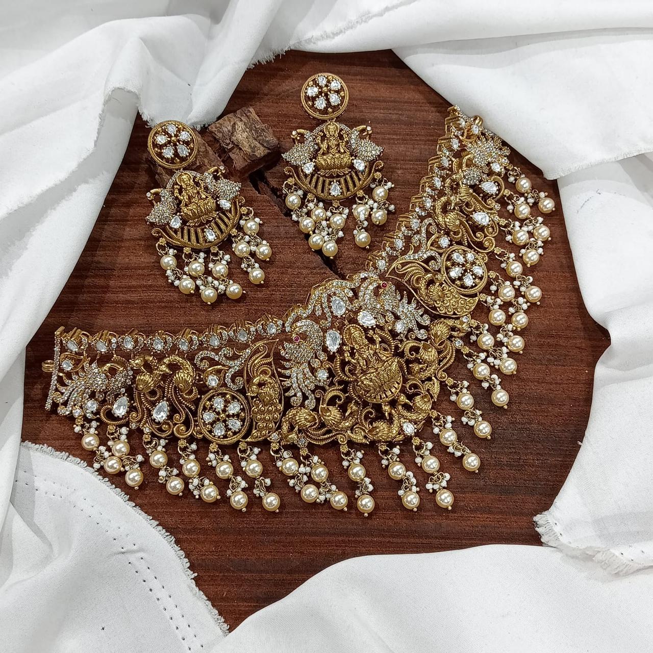 Premium Quality Matte Antique Choker Necklace Set With Earrings - Lakshmi Motif