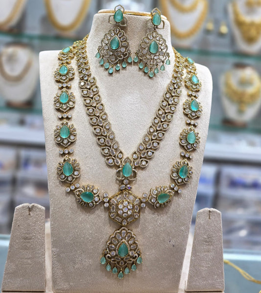 Premium Quality Moissanite Stone Victorian Finish Two Layered Necklace Set With Earrings