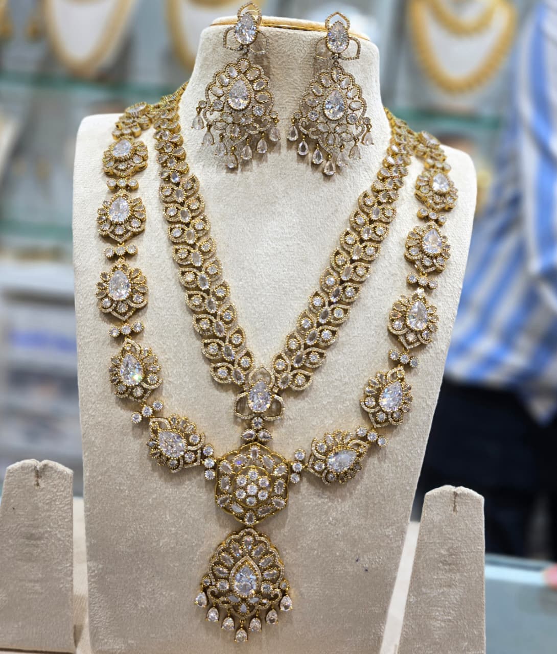 Premium Quality Moissanite Stone Victorian Finish Two Layered Necklace Set With Earrings