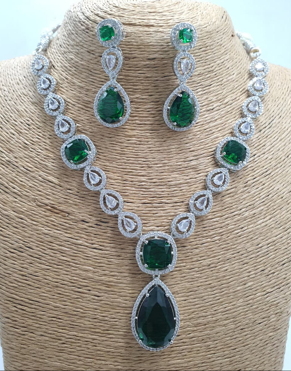 Premium Quality Silver Finish AD Stone Necklace Set With Earrings