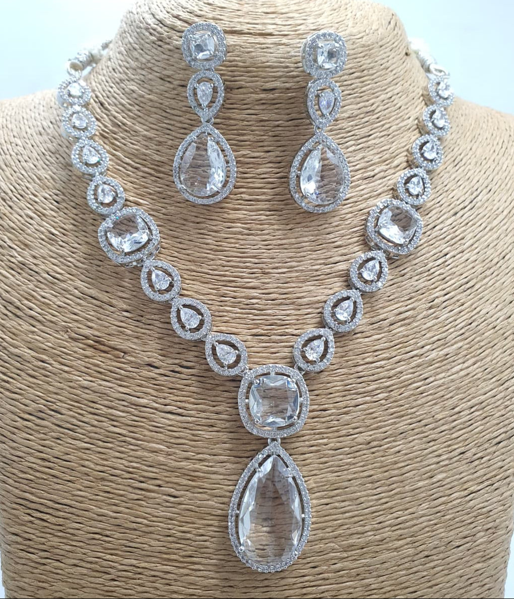 Premium Quality Silver Finish AD Stone Necklace Set With Earrings