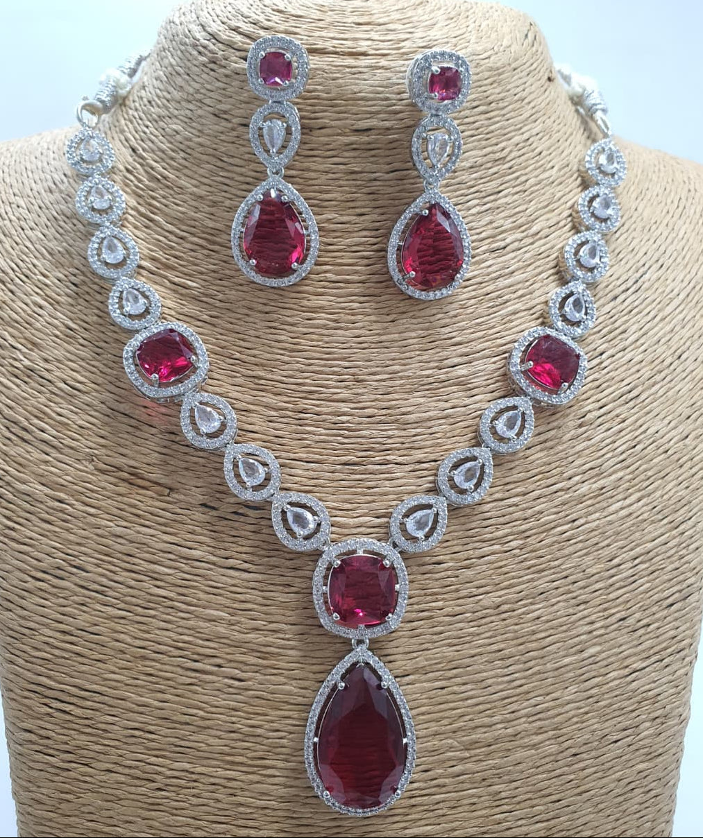 Premium Quality Silver Finish AD Stone Necklace Set With Earrings