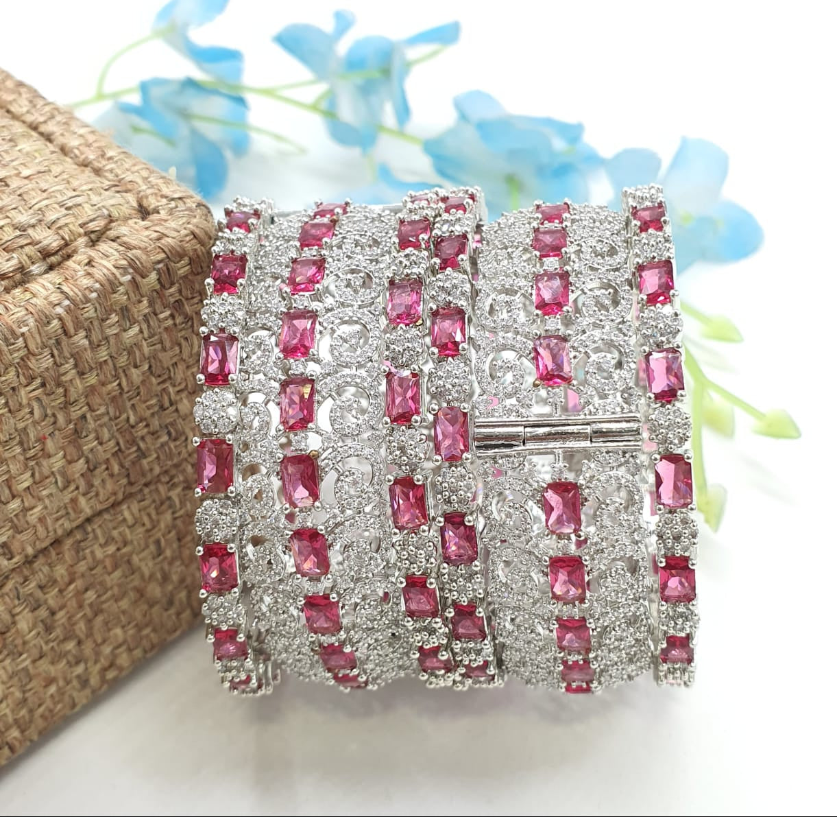 Premium Quality Silver Finish CZ Stone Openable Kada Bangles - 6 Pieces
