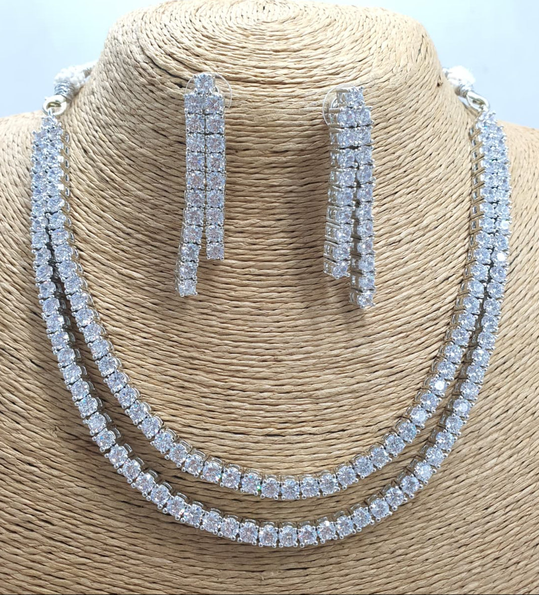 Premium Quality Two Layered CZ Stone Necklace Set With Cute Earrings